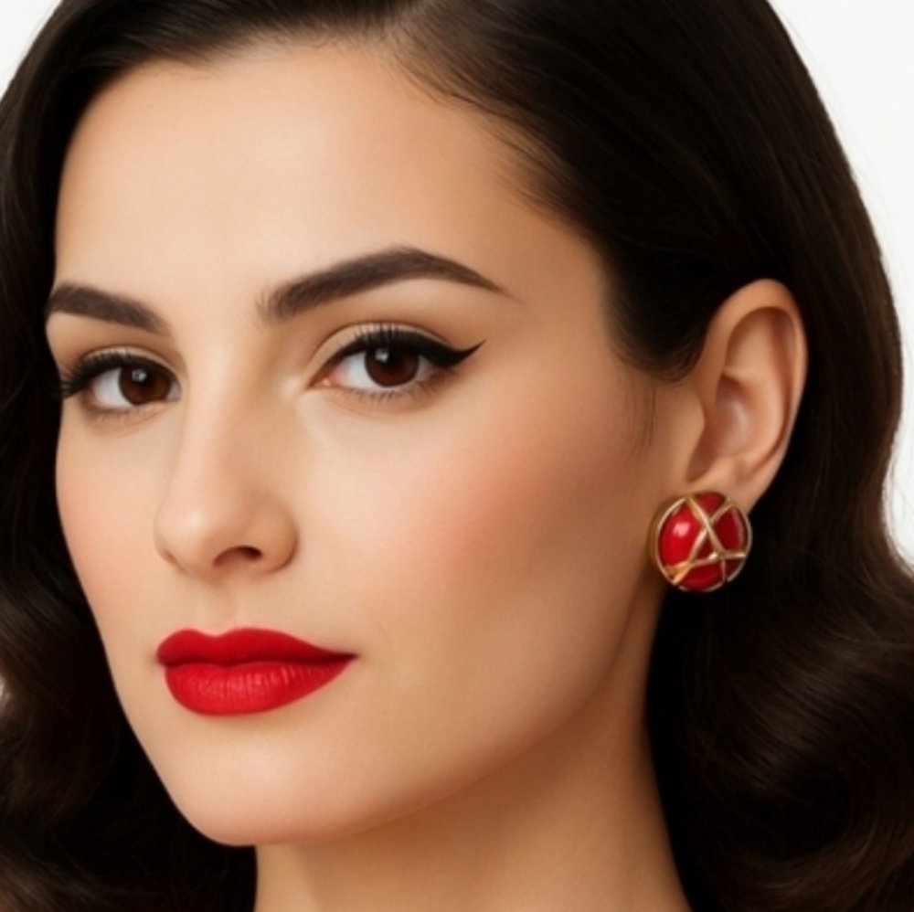 Vintage Red Enamel Gold Tone Clip On Earrings Geometric Statement Retro